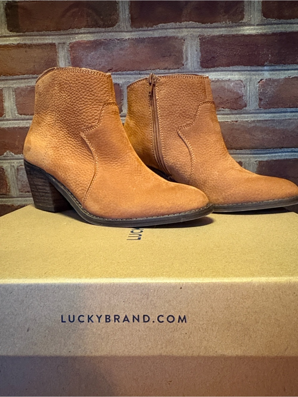Lucky Brand Cognac Suede Ankle Booties with Stacked Heel
